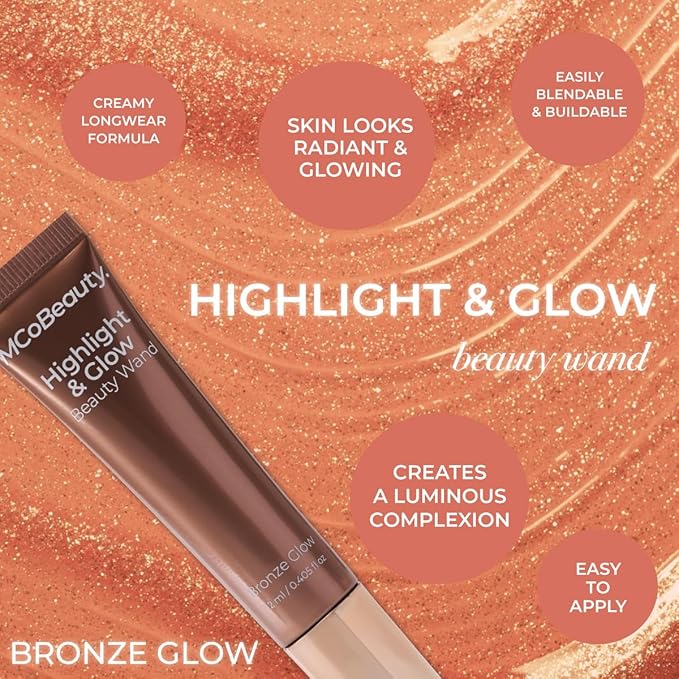 MCoBeauty - Highlight and Glow Beauty Wand - Buildable Liquid Highlighter - Bronze Shade - Liquid Cream with Cushion Applicator for Soft, Radiant Finish - Highlighters Makeup