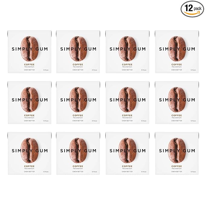 SIMPLY Gum Coffee, Plastic Free Natural Chewing Gum, 12 Pack (180 Pieces) | Vegan, Kosher, Non GMO, Aspartame Free and Sorbitol Free