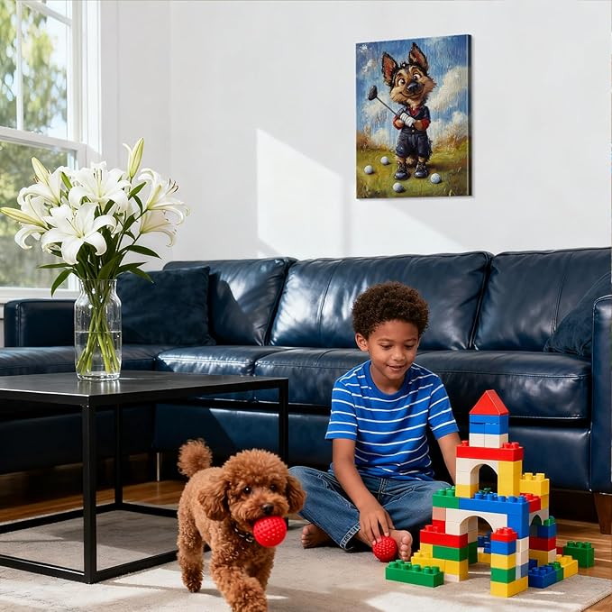 YOUHONG Animal Wall Art Animal Pictures Wall Decor Dog Painting with Inner Wooden Frame - Lightweight, Sports Decor for Boys Bedroom Living Room Decoration Ready to Hang (12x15.7 Inches)