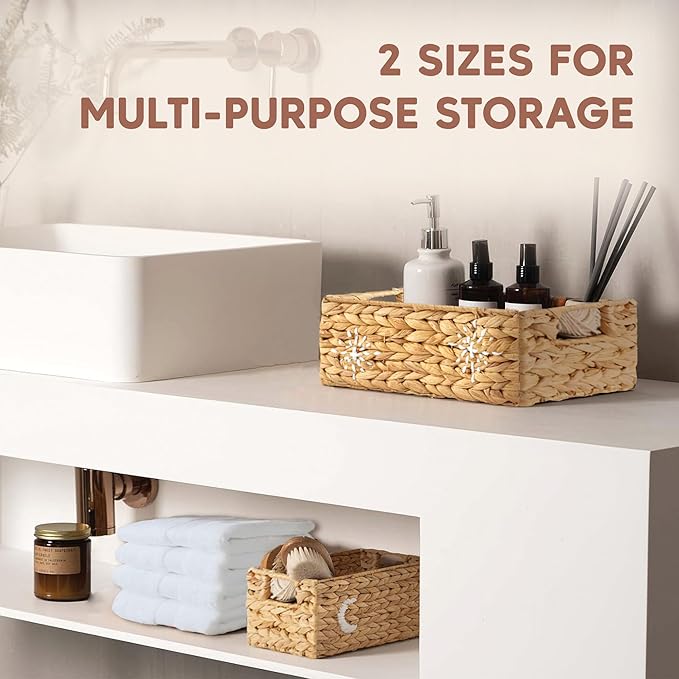 Greenatural Water Hyacinth Storage Baskets Set of 2, Handwoven Rectangular Organizer Trays with Handles, Wicker Bins with Hand Embroidered Patterns for Shelf, Bathroom, Kitchen, Office, Natural Decor