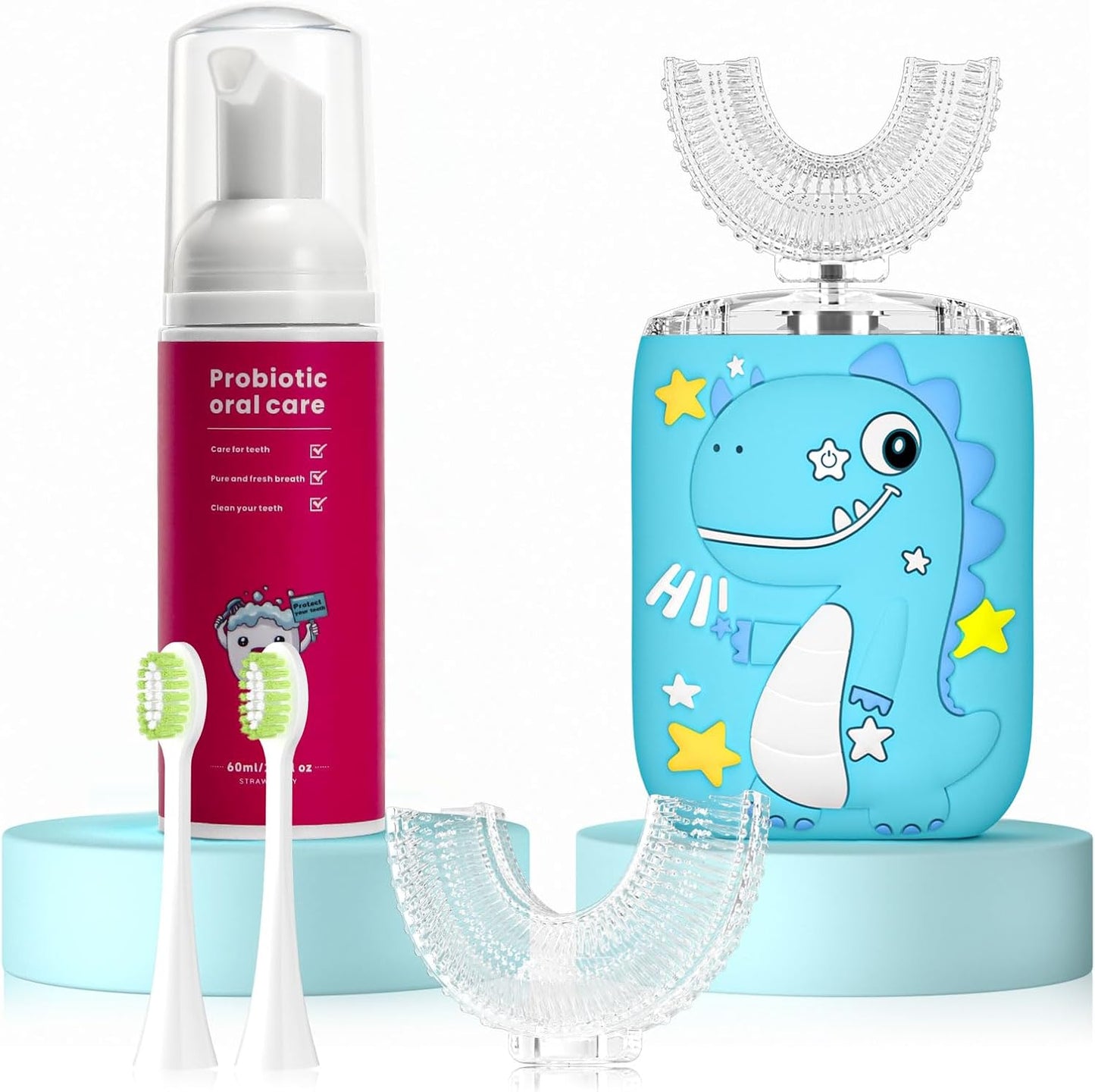 Kids Electric U Shaped Toothbrush,Kids Dinosaur Sonic Full Mouth Toothbrush with 4 Soft Brush Head Automatic 6 Cleaning Modes IPX7 Waterproof 360 Degree Cleaning - Age2-7 Blue