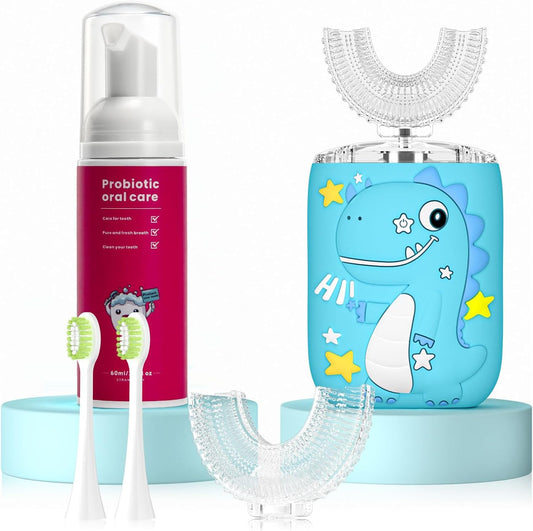 Kids Electric U Shaped Toothbrush,Kids Dinosaur Sonic Full Mouth Toothbrush with 4 Soft Brush Head Automatic 6 Cleaning Modes IPX7 Waterproof 360 Degree Cleaning - Age8-15 Blue