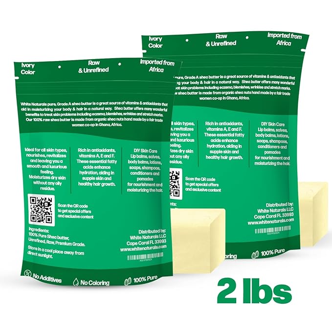 White Naturals Raw African Shea Butter 2lb (1lb in each bag), Pure, Unrefined, Grade A, Ivory, Great Skin Moisturizer, DIY Lip Balms, Stretch Marks, Recover Sun Damage, Cream & More
