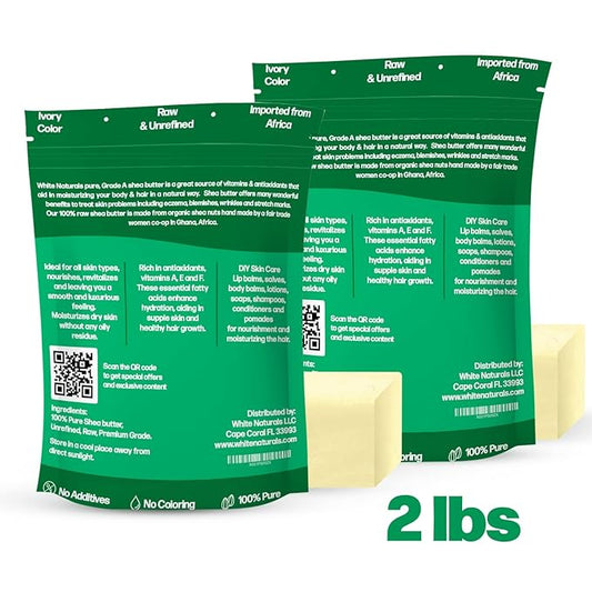 White Naturals Raw African Shea Butter 2lb (1lb in each bag), Pure, Unrefined, Grade A, Ivory, Great Skin Moisturizer, DIY Lip Balms, Stretch Marks, Recover Sun Damage, Cream & More