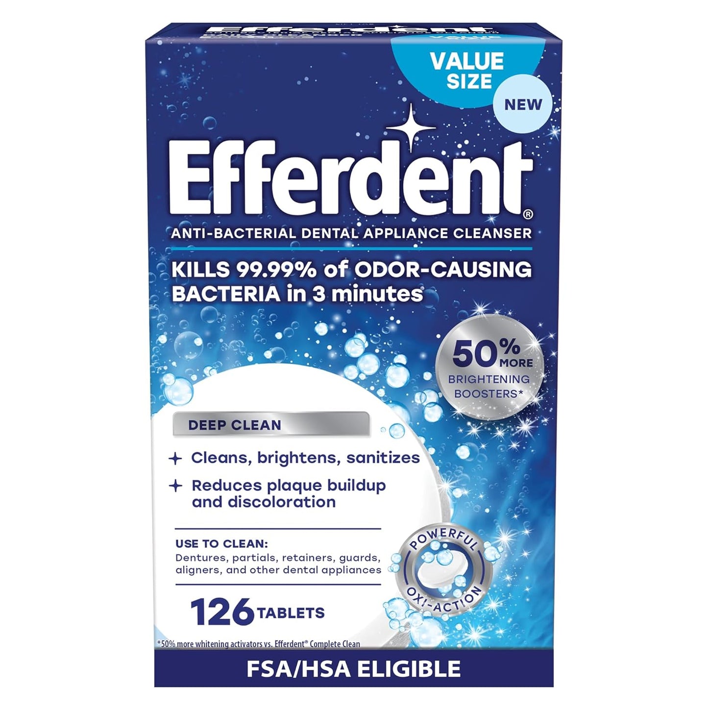 Efferdent Denture Cleaner Tablets – Deep Clean Brightening for Dental Appliances, Aligners, Mouth Guard, and Retainer Cleaner Tablets, Complete Clean, 126 Count