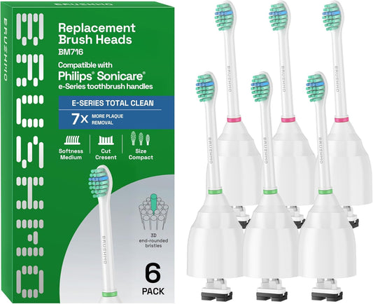 Brushmo e-Series Total Clean Replacement Toothbrush Heads, Compatible with Philips Sonicare Screw-on Electric Toothbrush Handles, 6 Compact Heads, Medium Firm Dupont Bristles, BM716, White