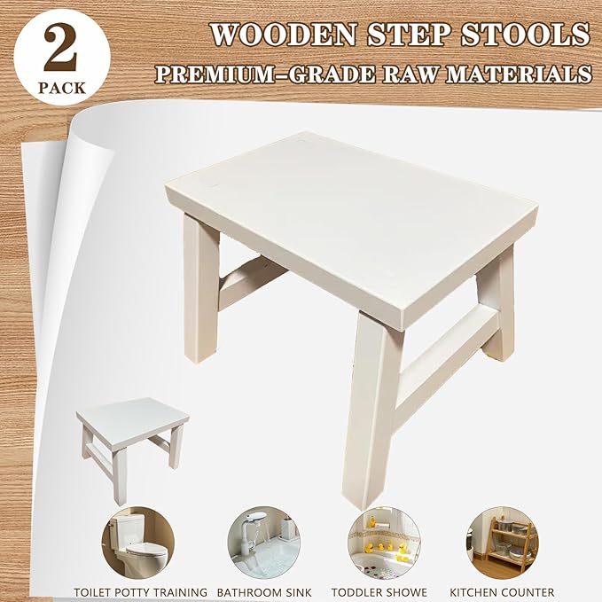 7.5'' Wooden Step Stools(2 Pack), Preassembled Kids Step Stool with Anti-Slip Bottom, for Toilet Potty Training, Bathroom Sink, Toddler Shower, Kitchen Counter(White)