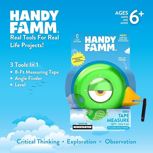 Handy Famm 8ft Green Bird Tape Measure for Kids – STEM Educational Tool with Level, Protractor, Retractable Design - DIY Construction Toy, Child-Safe Measuring Tapes, Gift for Boys & Girls 3+