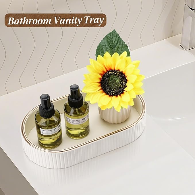 GORESE Oval Vanity Tray Perfume Organizer, PU Leather Valet Jewelry Trays Nightstand Organizer Key Bowl Trinket Dish for Entryway Dresser Bedside, Catchall Trays for Men Women, 11×5.9 in, Cream White