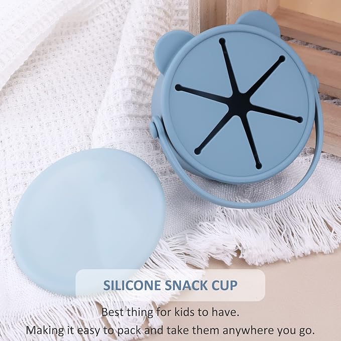Snack Cups for Toddlers, Baby Snack Containers, Silicone Toddler Snack Cups No Spill, Food Catcher with Lid & Bucket-like Handle, BPA Free & Dishwasher Safe, 9 Ounce Smoke Blue