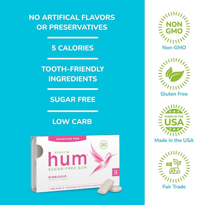 Stevita Hum, Bubblegum - Sugar-Free Gum - 12 Pieces, Pack of 12 - Supports Oral Health - Non-GMO, Vegetarian, Keto, Gluten Free - 72 Total Servings