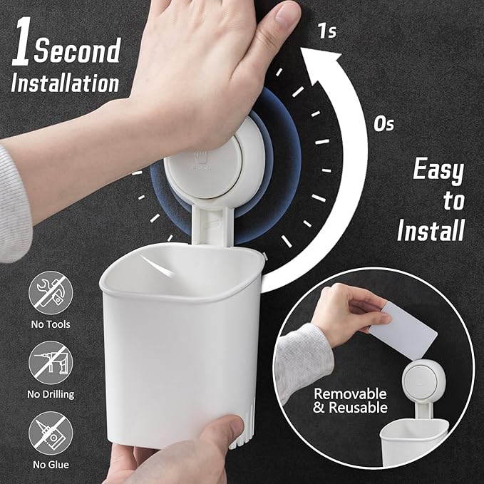 LEVERLOC Powerful Suction Toothbrush Holder, Removable Drill-Free Wall Shower Holder for Toothbrush, Toothpaste, Razor, Self-draining Suction Cup in Shower, Kitchen Tableware Organizer, White, 2 Pack