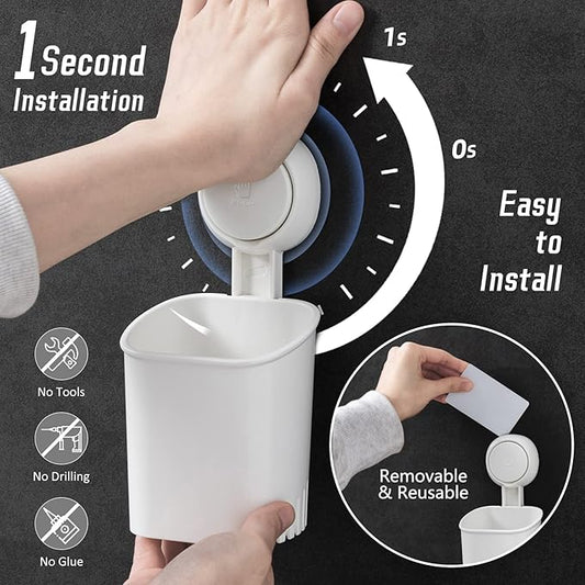LEVERLOC Powerful Suction Toothbrush Holder, Removable Drill-Free Wall Shower Holder for Toothbrush, Toothpaste, Razor, Self-draining Suction Cup in Shower, Kitchen Tableware Organizer, White, 2 Pack