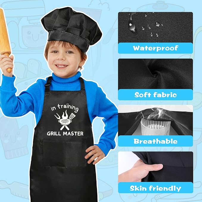 Kids Apron and Chef Hat Set, “GRILL MASTER in training” Funny Apron Adjustable Kitchen Apron Cooking Baking Painting with 2 Pockets for Boys and Girls