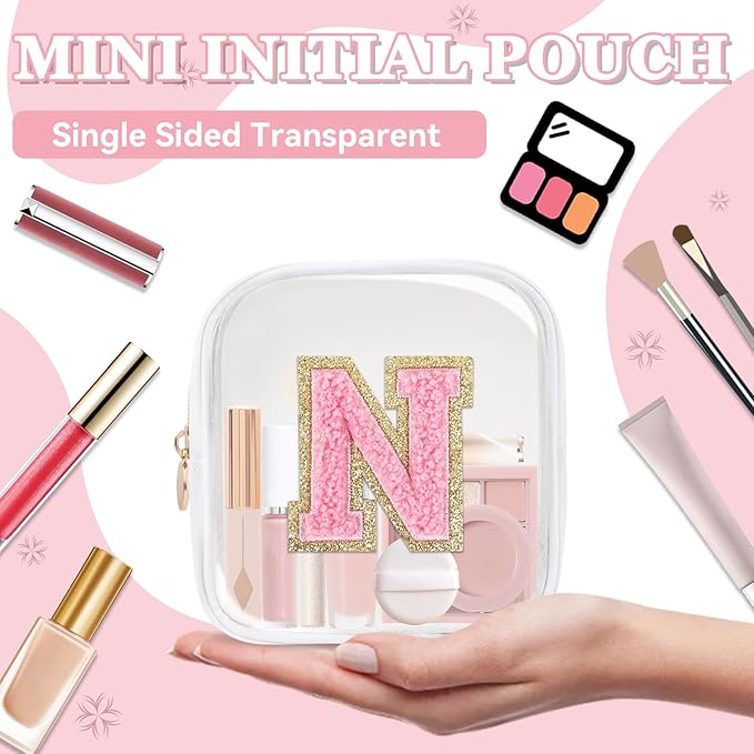 Mini Clear Personalized Initial Makeup Bag,Nylon Preppy A-Z Chenille Letter Patch Zipper Cosmetic Bag, Small Cute Beach Pouch Travel Purse Sanitary Napkin Storage Bag for Women Girls(White-Pink N)