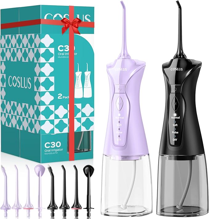 COSLUS 2-Pack Water Flosser for Teeth: Water Dental Pick Set with Refined Packaging for Couples Friends, 3 Modes & 8 DIY Levels for Sensitive Gums & Braces, Ideal for Family Sharing, Black & Purple