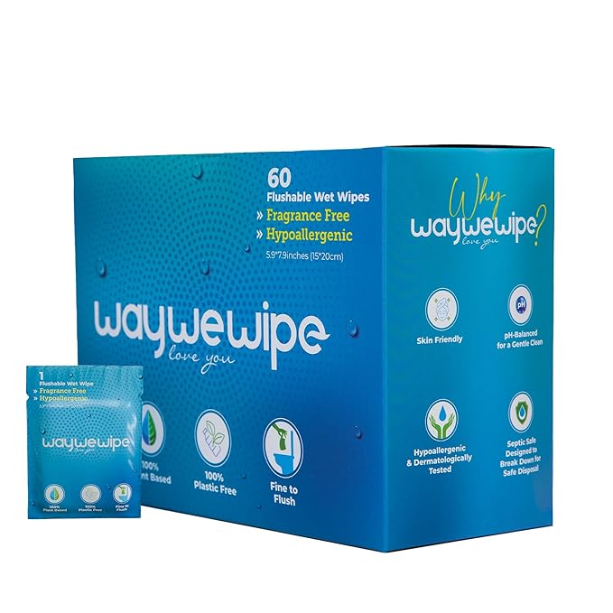 On-The-Go Flushable Wet Wipes, 60 Count XL Individually Wrapped Adult Wipes, Hypoallergenic 100% Plant Based Septic Safe, Travel Size Cleansing Cloth for Men & Women, Fragrance Free (60 Ct)
