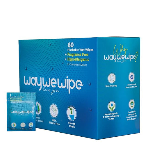 On-The-Go Flushable Wet Wipes, 60 Count XL Individually Wrapped Adult Wipes, Hypoallergenic 100% Plant Based Septic Safe, Travel Size Cleansing Cloth for Men & Women, Fragrance Free (60 Ct)