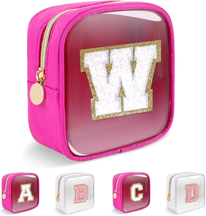 Personalized Initial Letter Clear Preppy Makeup Bag,Mini Nylon Chenille Letter Cosmetic Bag Cute Zipper Pouch Coin Purse for Teen Girls,Portable TSA Approved Travel Essentials Bag Gift for Women,W