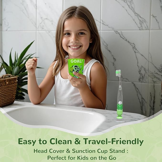 Lily's Home Kids Toothbrush with Flashing Timer and Soft Bristles, Rinsing Cup & Cover - Fun 2-Min Light-Up Brushing for Children - Toddler Soft Toothbrush Kit (Football)