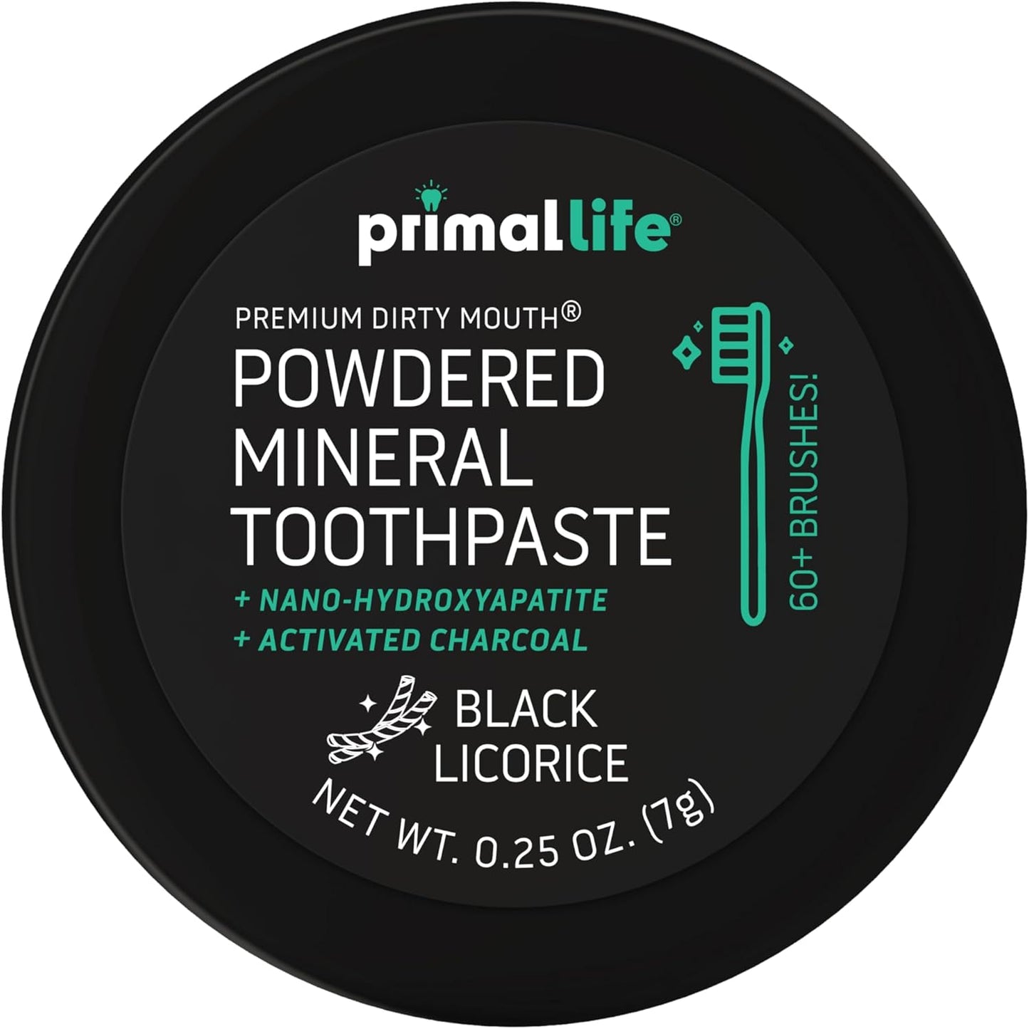 Primal Life Organics - Dirty Mouth Toothpowder, Activated Charcoal Tooth Cleaning Powder, Essential Oils Natural Kaolin Bentonite Clay, 60+ Brushings, Organic Vegan (Charcoal Black Licorice, 0.25 oz)