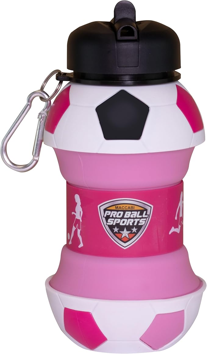 Maccabi Art Clip-On Collapsible BPA-Free Silicone Pink Soccer Ball Water Bottle for Kids, 18 Oz. Size