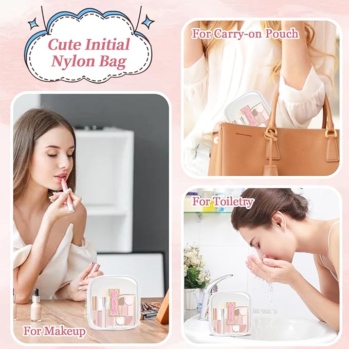 Mini Clear Personalized Initial Makeup Bag,Nylon Preppy A-Z Chenille Letter Patch Zipper Cosmetic Bag, Small Cute Beach Pouch Travel Purse Sanitary Napkin Storage Bag for Women Girls(White-Pink I)