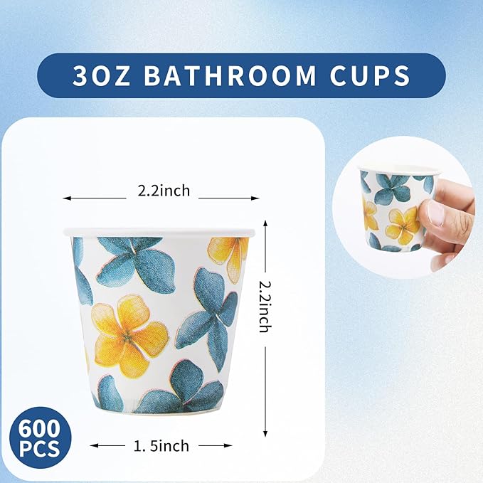 Tamone 600 Pack 3 oz Bathroom Cups, Small Paper Cups Flower Design, Mouthwash Cups, Disposable Paper Cups,3oz Paper Cups for Party, Picnic, BBQ, Travel, Home and Event