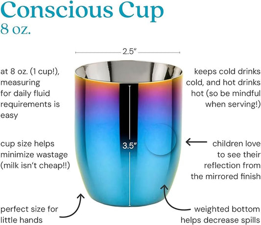 Ahimsa Stainless Steel Kids Cup, Pediatrician Designed, Colorful Toddler Cups for Open Cup Training, 8oz, 100% BPA Free & Dishwasher Safe, Single Iridescent Blue