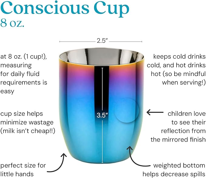 Ahimsa Stainless Steel Kids Cups, Pediatrician Designed, Colorful Toddler Cups for Open Cup Training, 8oz, 100% BPA Free & Dishwasher Safe, Iridescent Blue, Set of 4