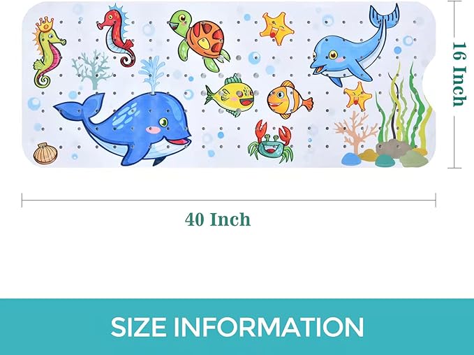 Baby Bath Mat for Tub Kids Non Slip Bathtub Mats Baby Extra Long 40X16 Inch Bathroom Toddler Anti Slip Shower Mat with Suction Cups & Drain Holes,Machine Washable,Whale