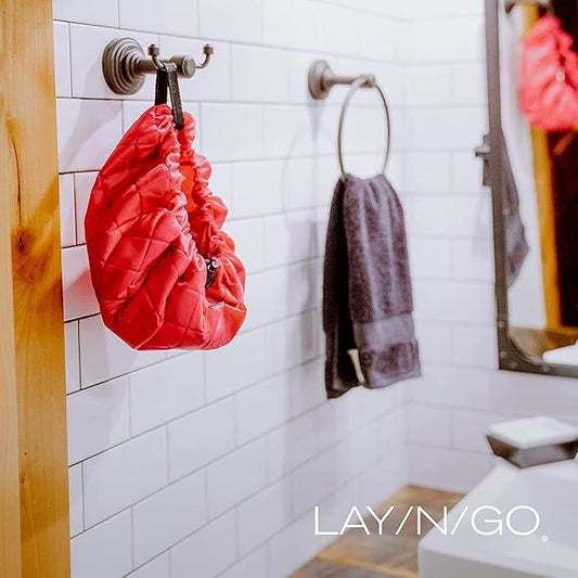 Lay-n-Go Cosmo Lay Flat Drawstring Cosmetic & Makeup Bag Organizer - Zipper Pocket, Brush Loops & Storage - Machine Washable, Toiletry Carrier for Travel, Cinch Closure, Gift (20", Sky Blue)