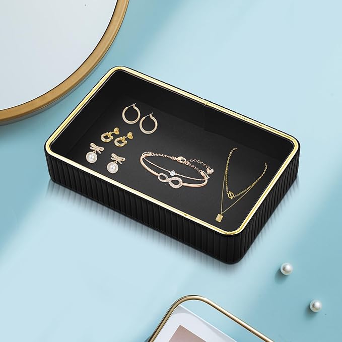 PU Leather Valet Tray,Desk Organizer Tray Nightstand Organizer Trinket Dish Storage Key Bowl Decorative Trays for Phone Wallet Jewelry Watch,Bathroom Bedroom Perfume Vanity Trays,Black