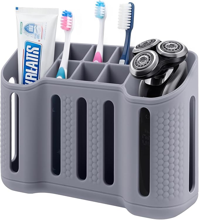 Tooth Brush Holder for Bathroom, Silicone Toothbrush Holder with Drainage, Bathroom Organizers and Storage, 8 Slots Kids Electric Toothbrush and Toothpaste Holde Drainage