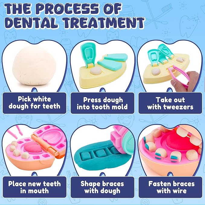 Dentist Color Dough Set, Dental Tools Kit Drill and Fill, Doctor DIY Playset Toys for Kids Toddlers 3 Years and Up, Art & Craft Gift with Moulds, Models, 5 Non-Toxic Color