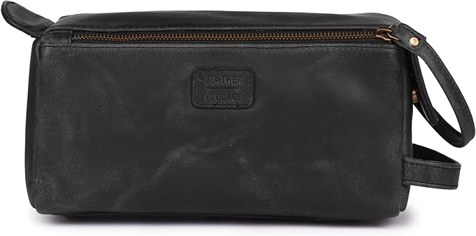 LEATHER VILLAGE Premium Leather Travel Toiletry Bag - Unisex Water-Resistant Travel Dopp Kit, Shaving & Cosmetic Organizer for Men & Women - Compact Bathroom Essentials - Distressed Black