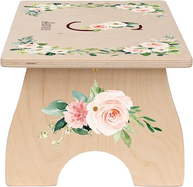 Step Stool for Toddlers- Personalized Wood Kids Step Stool with Name for Kitchen Sink, Bathroom, Potty Training, Toilet, Kitchen Sink- Sturdy and Safe- Made in USA by BloomOwl (Floral- Initial)