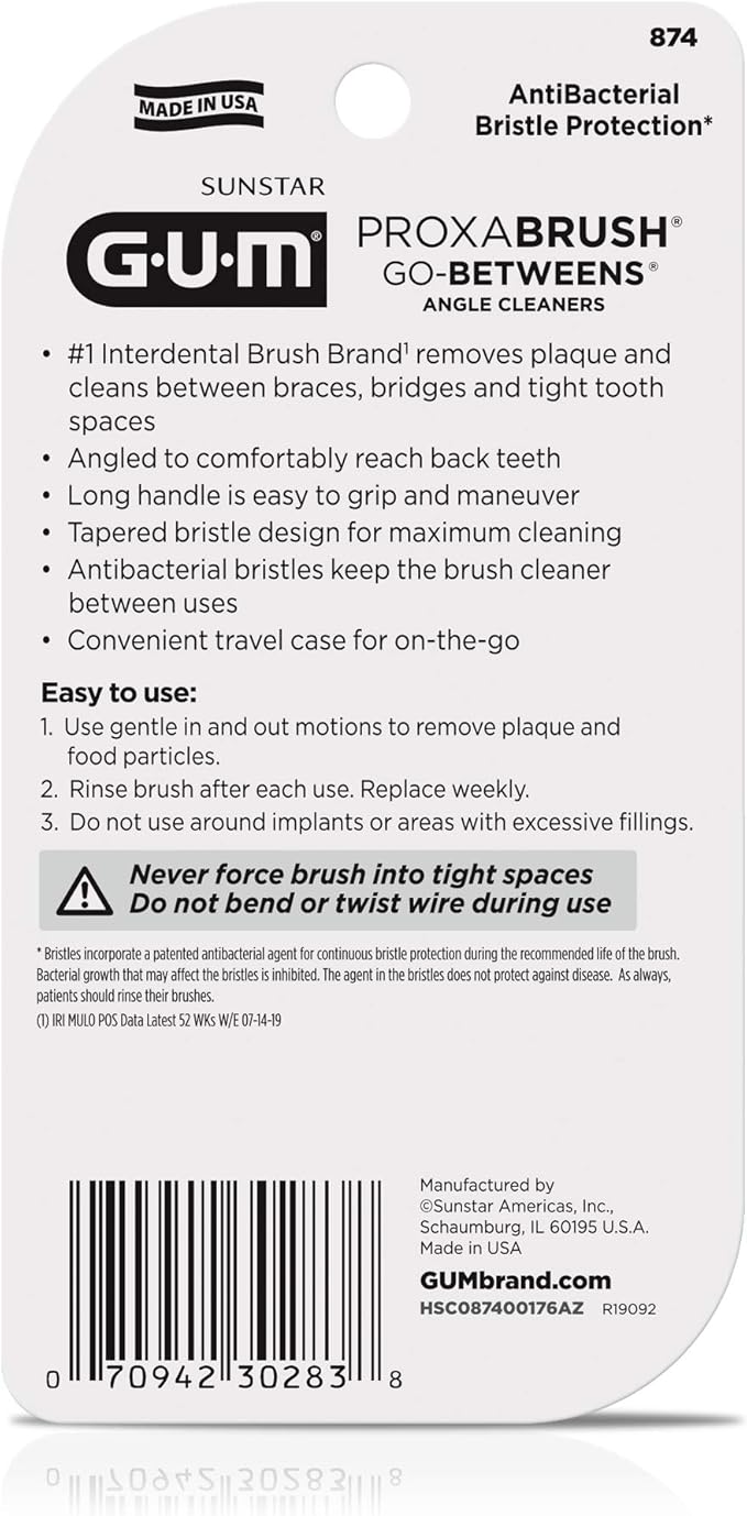 GUM Proxabrush Go-Betweens - Angled- Interdental Brushes - Soft Bristled Dental Picks for Plaque Removal Health - Safe for Braces & Dental Devices, 4 Count