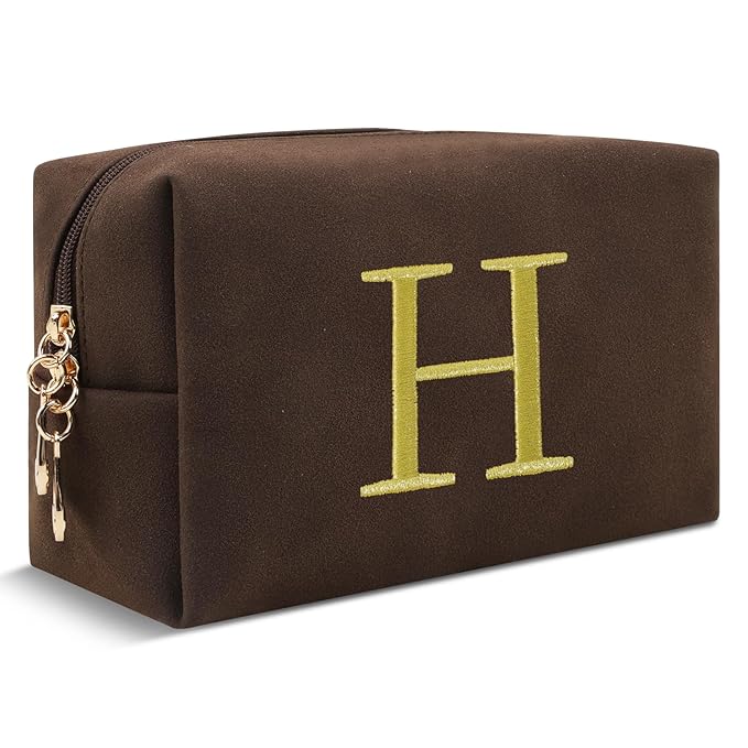 Personalized Initial Makeup Bag,Preppy Suede Cosmetic Bag for Teen Girls,Small Monogram Travel Toiletry Bag With Gold Embroidered Letter,Trendy Stuff Custom Christmas Gift for Women(Coffee-H)