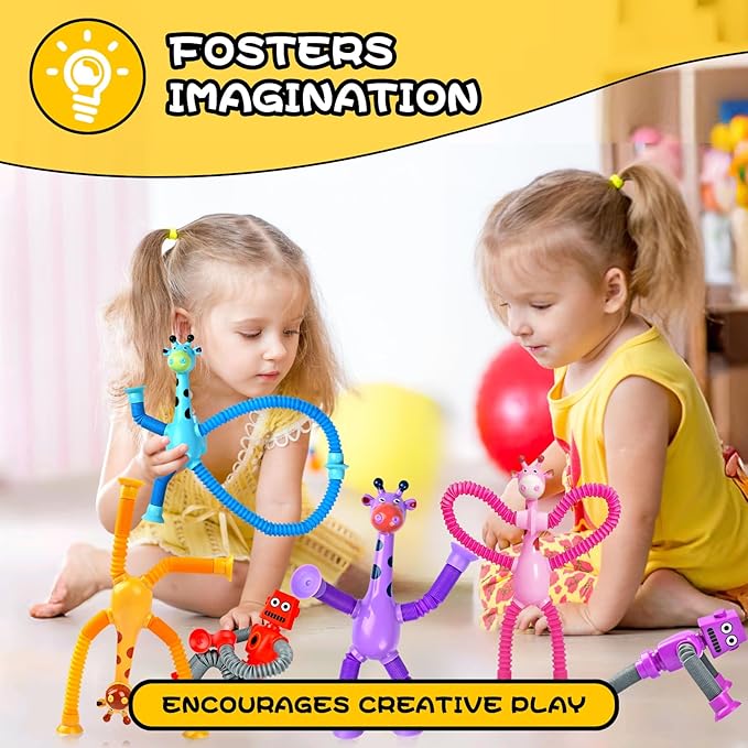 Christmas Stocking Stuffer Gift for Toddler Girls Year Old Ages 2 3 4 5 6 7 8, Giraffe Sensory Toys 4Pcs Suction Autism Toy Pop Tube Fidget Toys Autistic Travel Toys Easter Basket Valentine for Kids