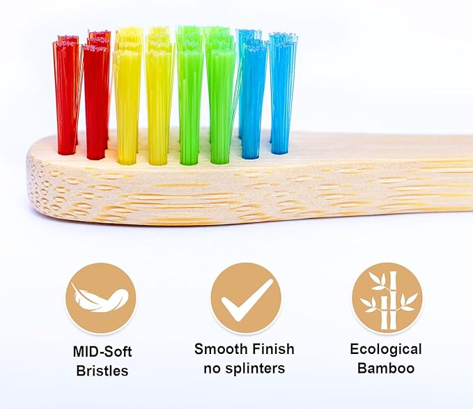 Eco-Friendly Bamboo Toothbrushes for Kids, 10 Pack Medium Bristles Rainbow, Biodegradable Natural Bamboo Handle,Plastic-Free & Sustainable Oral Care for Children