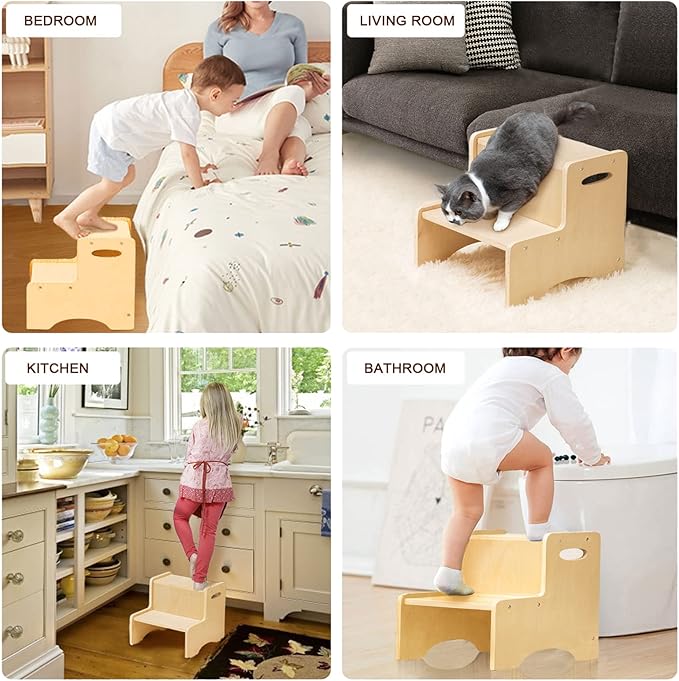 WOOD CITY Wooden Toddler Step Stool for Kids, Bathroom Potty Stool & Kitchen Stool, Natural Two Step Stool for Bedroom, Children's Stool with Handles and Safety Non-Slip Pads