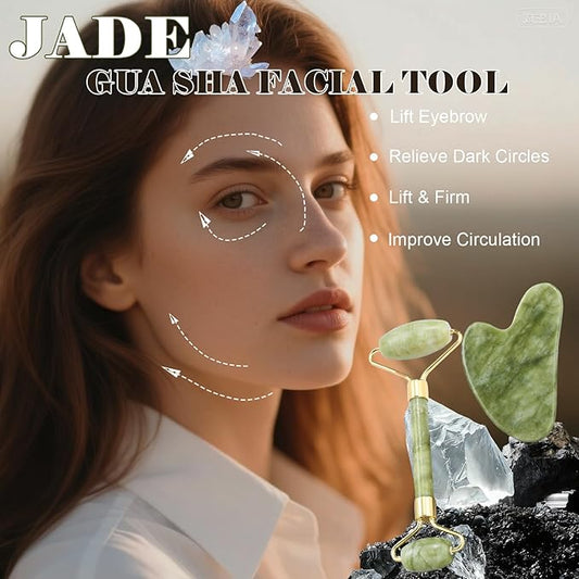 Jade roller and gua sha, facial roller, women's skincare tool, self-care gift, face, eye, neck massager, relieves fine lines and wrinkles, aventurine, opal, rose quartz
