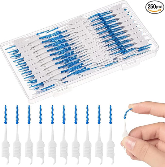 250 Pieces Dental Floss Picks, Silicone Interdental Brushes with Case Dental Brushes Dental Picks Blue Tooth Floss Picks for Teeth Cleaning(Blue)