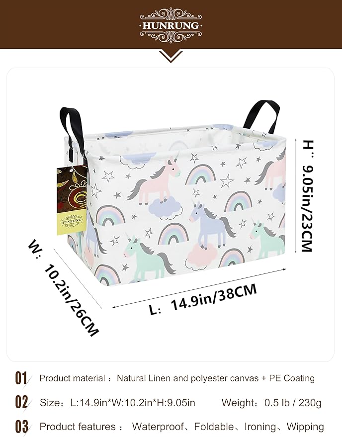 HUNRUNG Rectangle Storage Basket Cute Canvas Organizer Bin for Pet/Children Toys, Books, Clothes Perfect for Rooms/Playroom(REC-Star Unicorn)