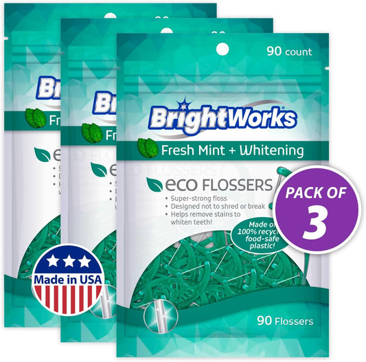Brightworks ECO Sustainable Floss Picks - 270 Count - PFAS Free - Made in USA100% Post-Consumer Recycled Plastic, Super Strong Mint-Flavored Floss with Micro-Crystals