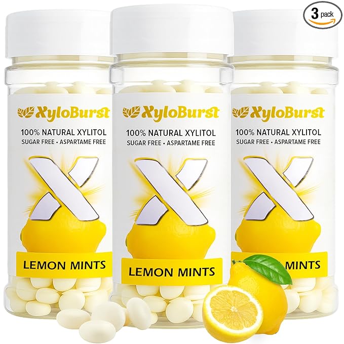 XyloBurst - Xylitol Mints | Sugar Free Breath for Oral Health | Gluten Free, Vegan, Keto Friendly | Aspartame Free Mint | Lemon | 200 Count Jar, 3-Pack