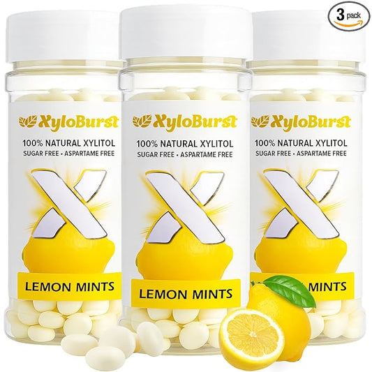 XyloBurst - Xylitol Mints | Sugar Free Breath for Oral Health | Gluten Free, Vegan, Keto Friendly | Aspartame Free Mint | Lemon | 200 Count Jar, 3-Pack