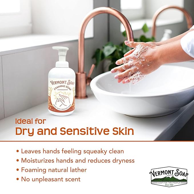 VERMONT SOAP Organic Lemongrass Zen Foaming Hand Soap - Natural Moisturizing Soap for Dry Skin - Fragrance Free Liquid Bathroom Hand Soap Dispenser - Lemongrass Zen - 12 oz