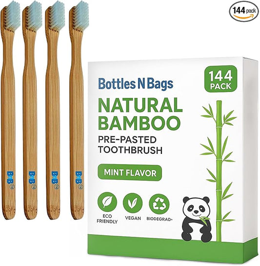 144 Biodegradable Prepasted Bamboo Tooth Brush Individually Wrapped Soft Bristles,Refreshing Mint Flavor Paste (144 Pack)